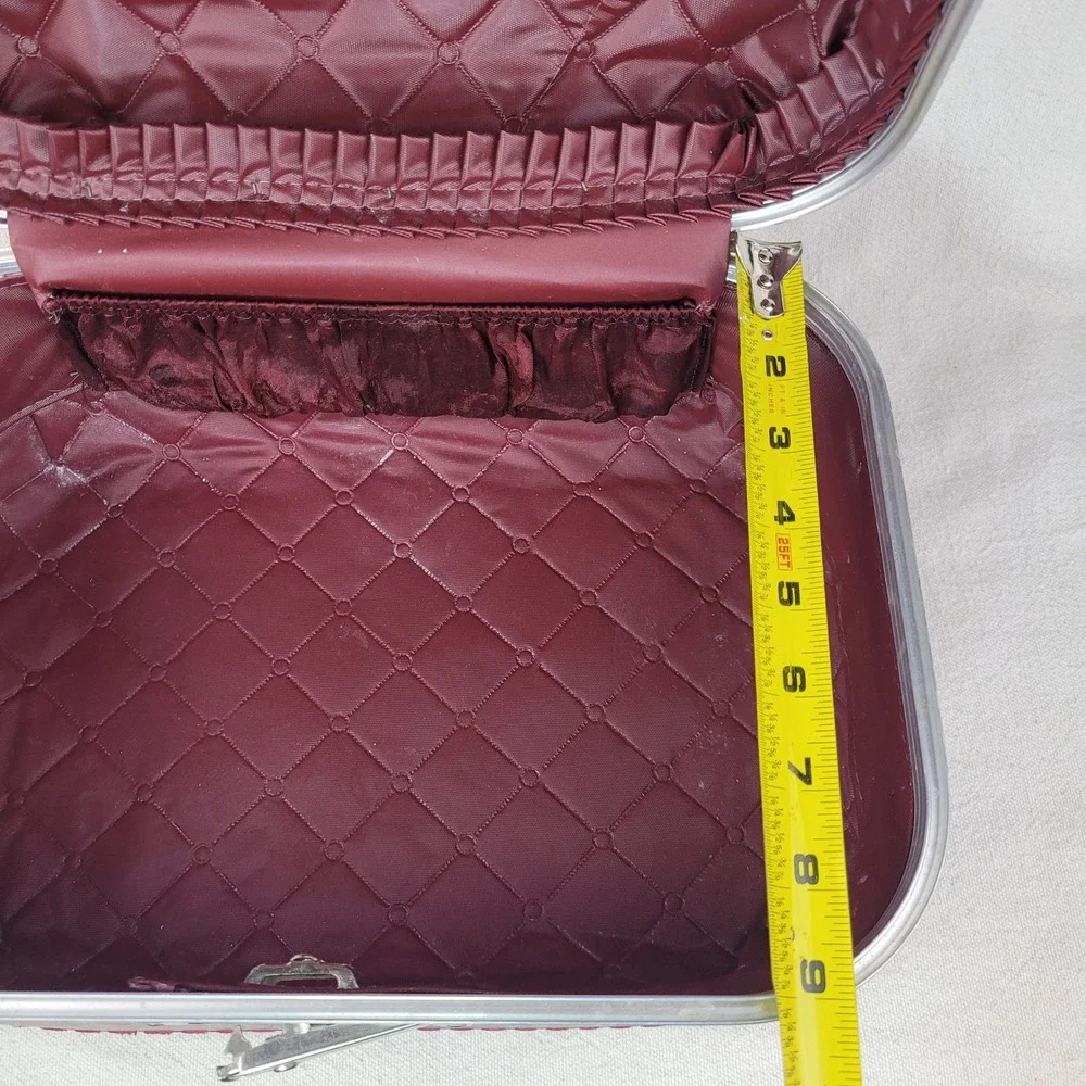 Vintage Burgundy Faux Leather Train Case Vanity Makeup Box Mid Century Travel